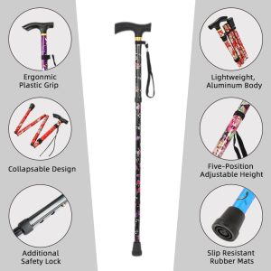 Folding Cane, 5-Level Adjustable Height Lightweight Portable Foldable Walking Canes with Wrist Strap and T Handle for Men Women niors - Image 2