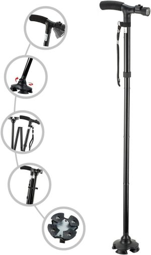 Folding Cane with Led Light, Adjustable Canes for Men and Women, Walking Stick for Elderly with Cushion Handle and Pivoting Quad Ba for Hiking Mountain Climbing Backpacker…