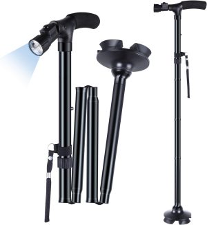 Walking Cane for Men Women:  Walking Canes with LED Light Folding Walking Stick Adjustable Free Standing Canes with Wrist Strap Travel Bag for niors Adults
