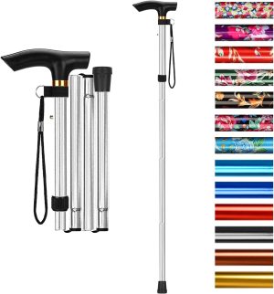 Folding Cane, 5-Level Adjustable Height Walking Stick Lightweight Collapsible Portable Travel Cane with Wrist Strap and T Handle for Elderly Disabled Men Women